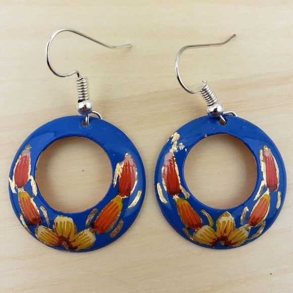 HANDMADE Dangle Earrings Copper Handpainted Blue Mexican Floral Earrings - Picture 1 of 6